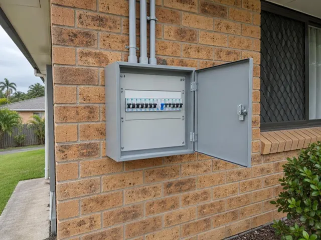 Open electrical switchboard on a brick exterior wall beside a window in Maudsland
